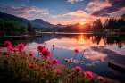 Tranquil mountain lake at sunrise or sunset. (AI Generated) Art Print